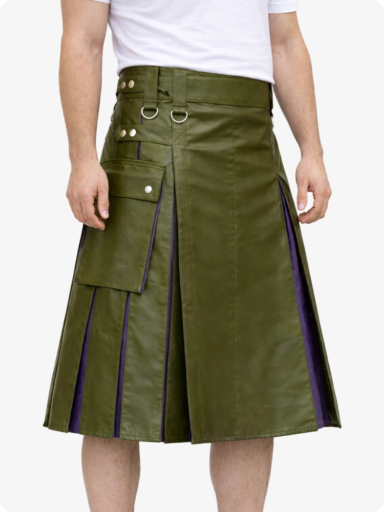 Olive Green Leather Utility Kilt with Purple Pleats, Side Pockets & D-Ring Hardware