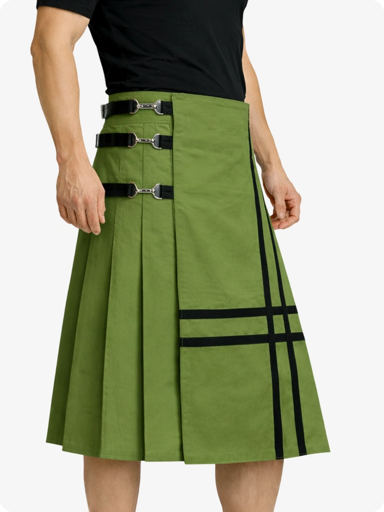 Olive Green Leather Utility Kilt with Side Buckles & Pleated Back