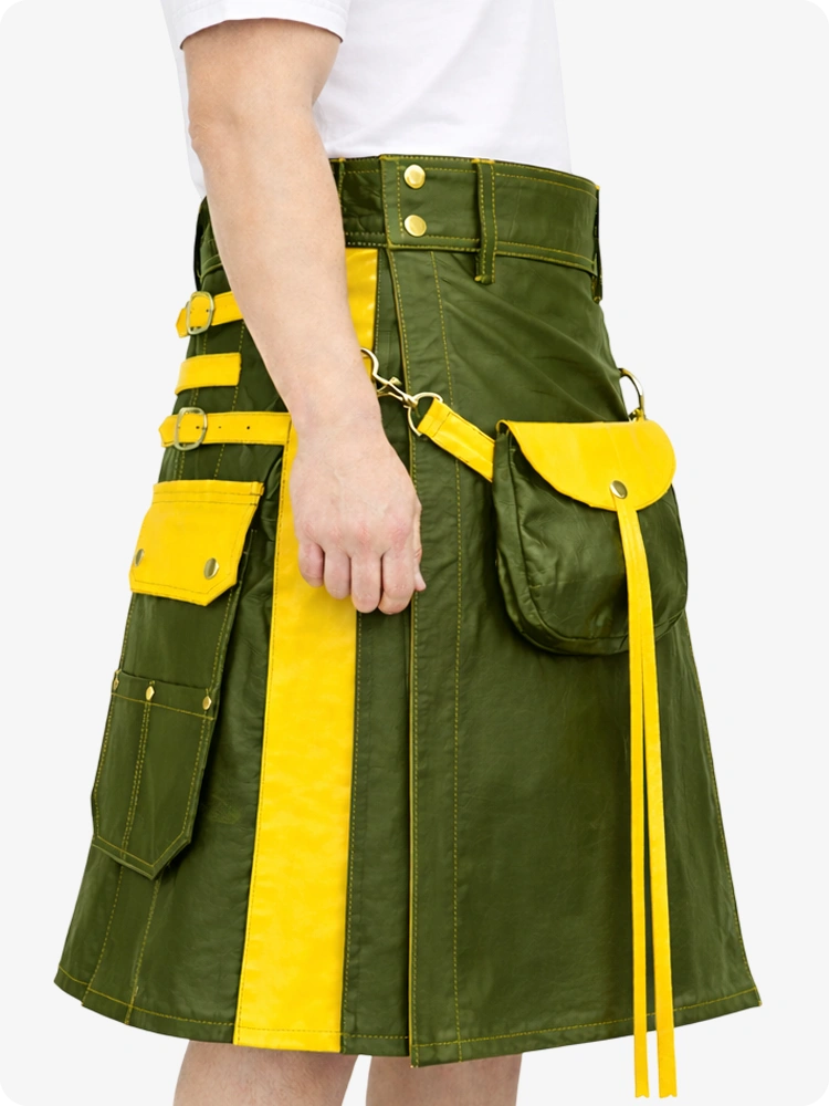 Olivgrüner Leder Utility Kilt mit gelben Akzenten & abnehmbaren Taschen