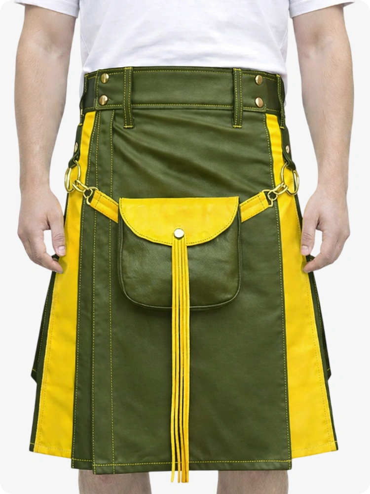 Olivgrüner Leder Utility Kilt mit gelben Akzenten & abnehmbaren Taschen