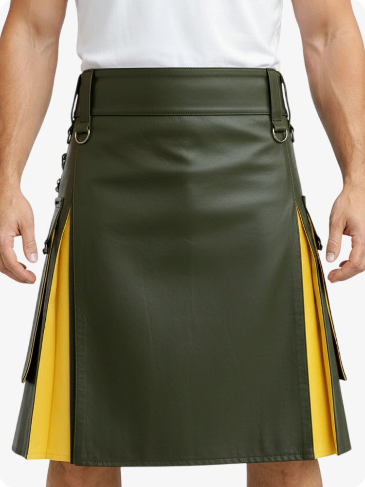 Olivgrün & Gelb Leder Utility Kilt mit Cargotaschen
