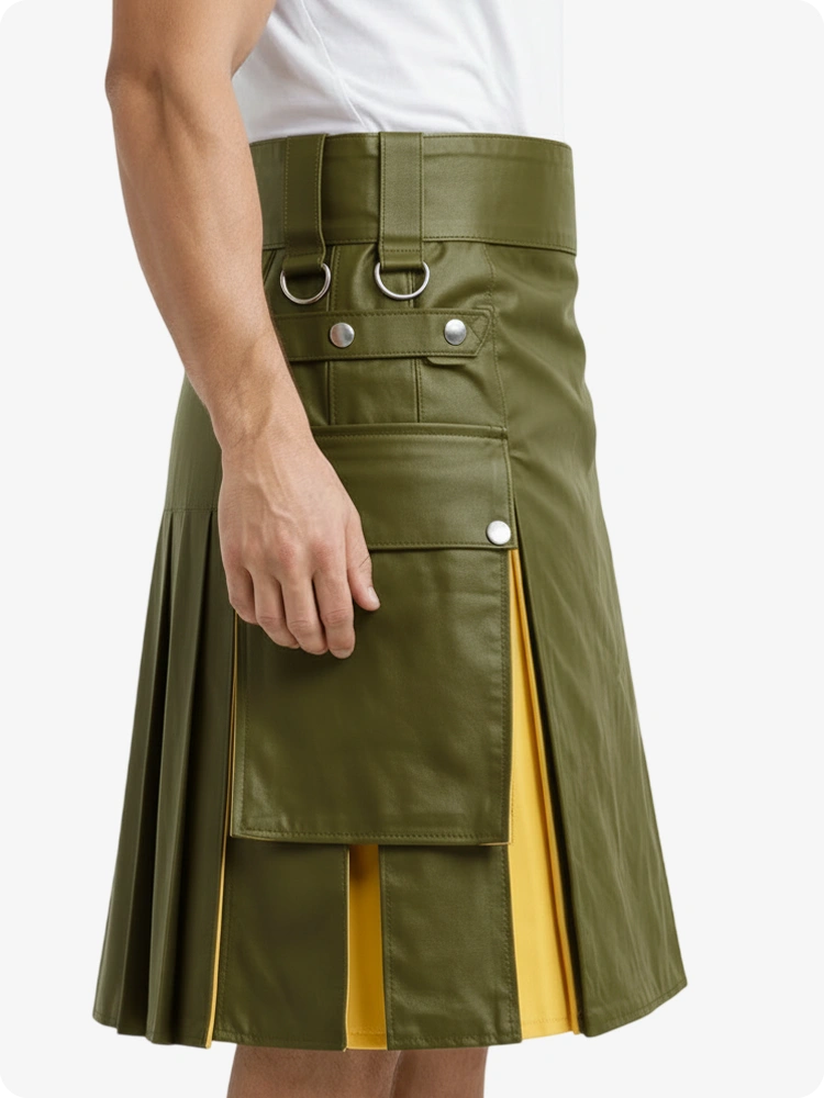 Olivgrün & Gelb Leder Utility Kilt mit Cargotaschen