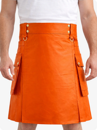 Orange Genuine Leather Utility Kilt with Cargo Pockets & D-Rings