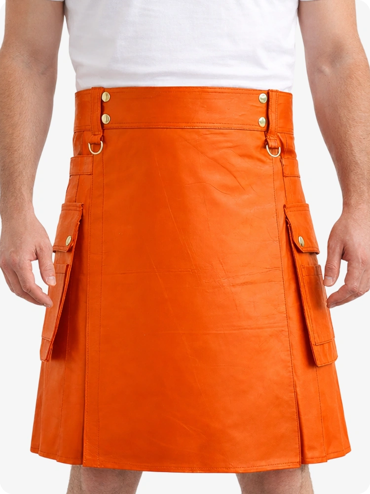 Orange Genuine Leather Utility Kilt with Cargo Pockets & D-Rings