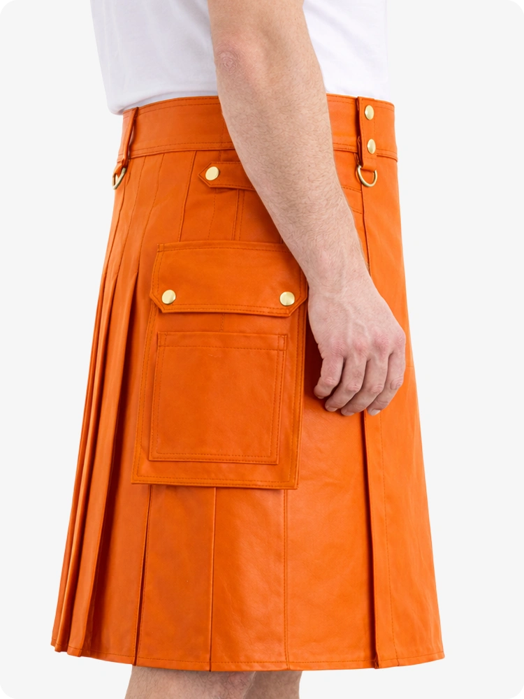 Orange Genuine Leather Utility Kilt with Cargo Pockets & D-Rings