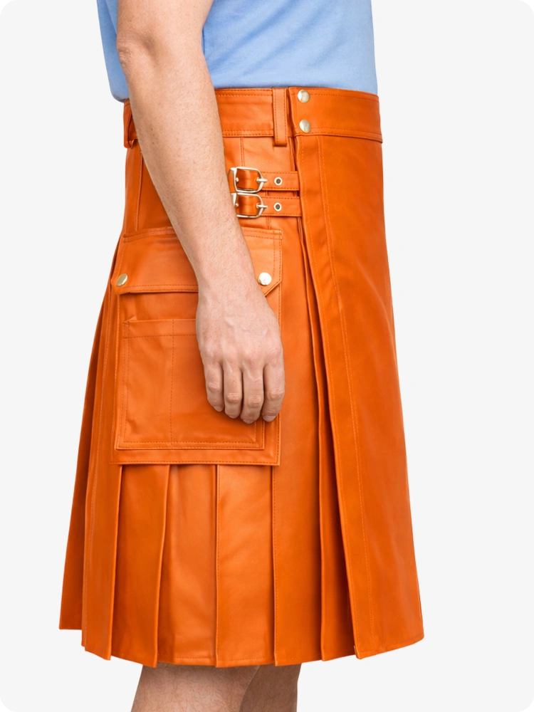 Orange Genuine Leather Utility Kilt with Side Pockets