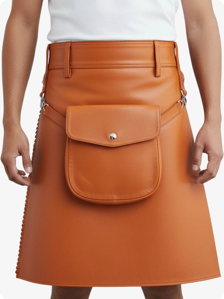 Oranger Leder Faltenkilt mit Gürtelschlaufen & Seitenriemen