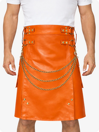 Orange Leather Utility Kilt with Chain Detailing & Adjustable Straps