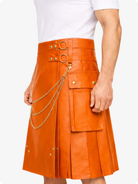 Orange Leather Utility Kilt with Chain Detailing & Adjustable Straps