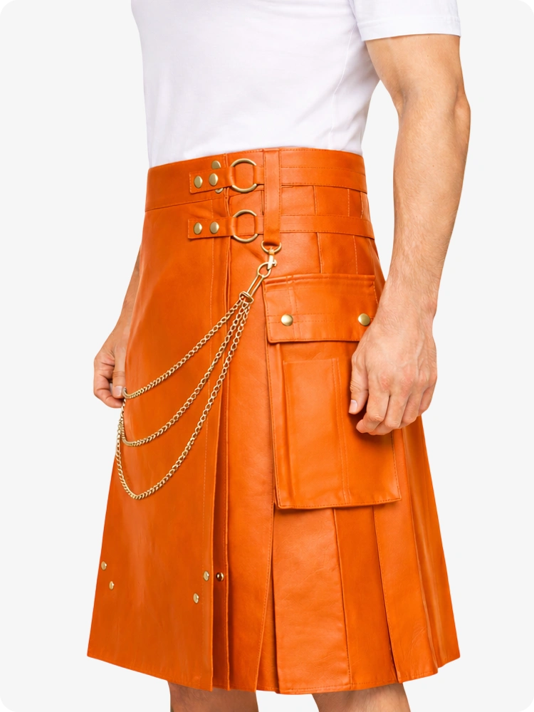 Orange Leather Utility Kilt with Chain Detailing & Adjustable Straps