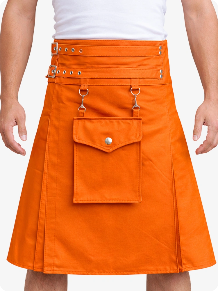 Orange Leather Utility Kilt with Front Pocket & Adjustable Buckle Straps