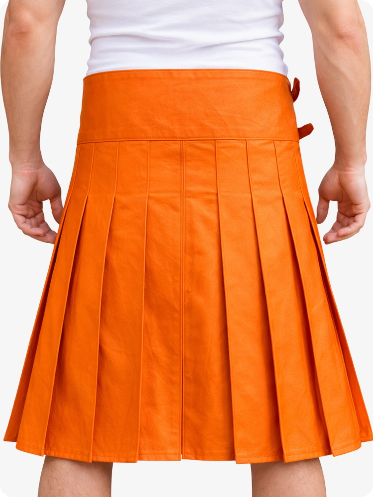 Orange Leather Utility Kilt with Front Pocket & Adjustable Buckle Straps