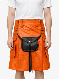 Person wearing an orange leather skirt with a black bag on a white background