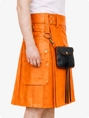 Orange leather kilt with a black pouch on a white background