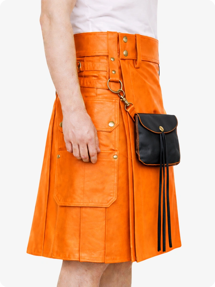 Orange leather kilt with a black pouch on a white background