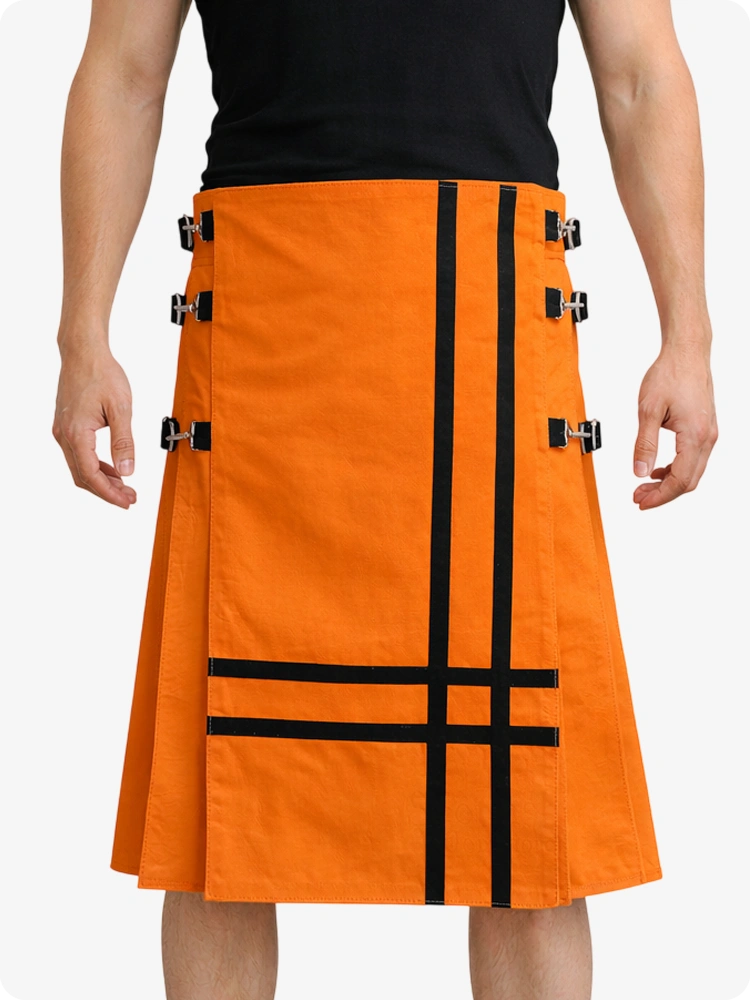 Orange Leather Utility Kilt with Side Buckles & Pleated Back