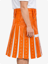 Orange leather kilt with white accents on a white background