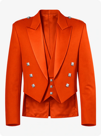 Orange suit with silver buttons on a white background