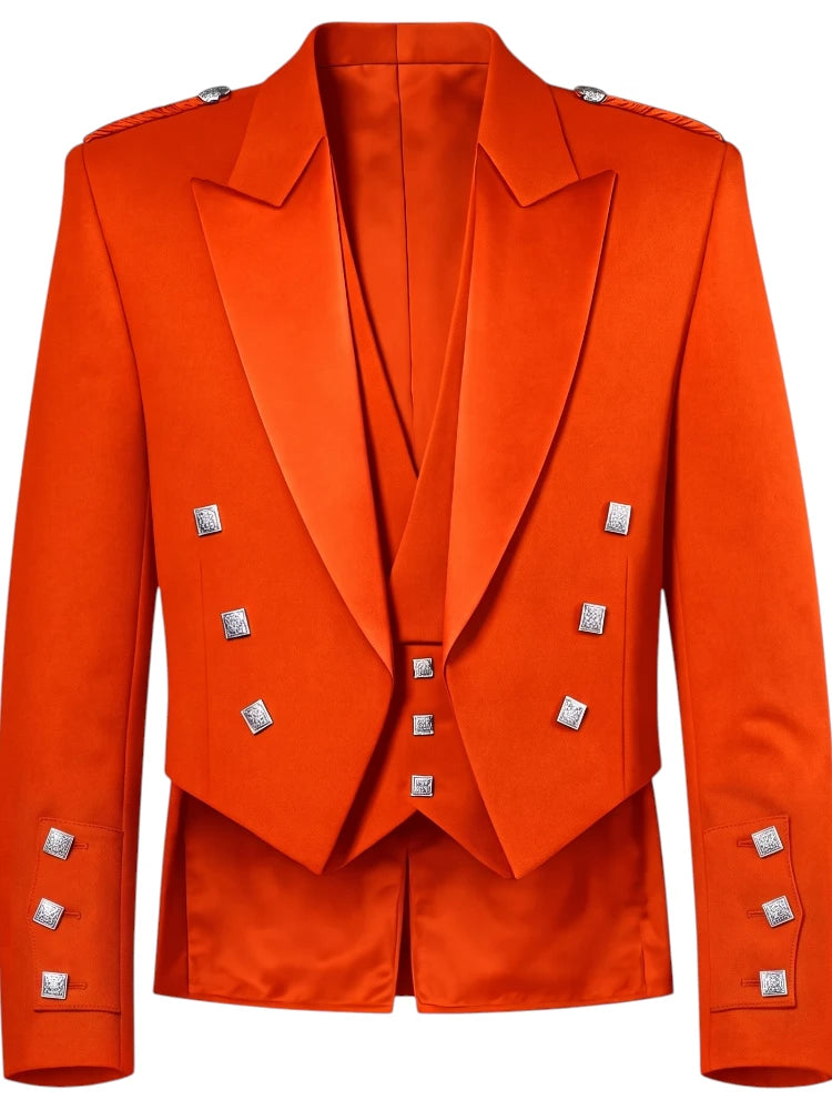 Bright orange double-breasted blazer with silver metallic square buttons, shown on a plain white background.