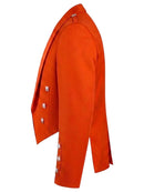 Bright orange blazer jacket shown in side profile with decorative silver-toned buttons, isolated on a white background.