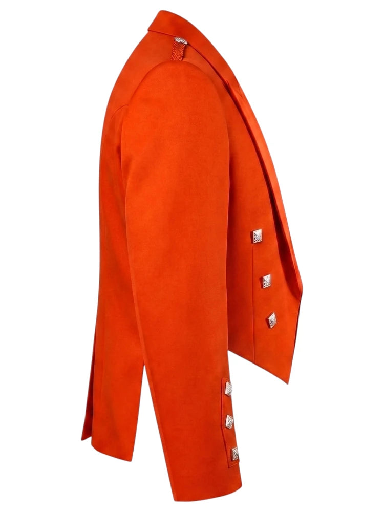 Bright orange blazer shown in side profile with silver-toned decorative buttons, isolated on a white background.