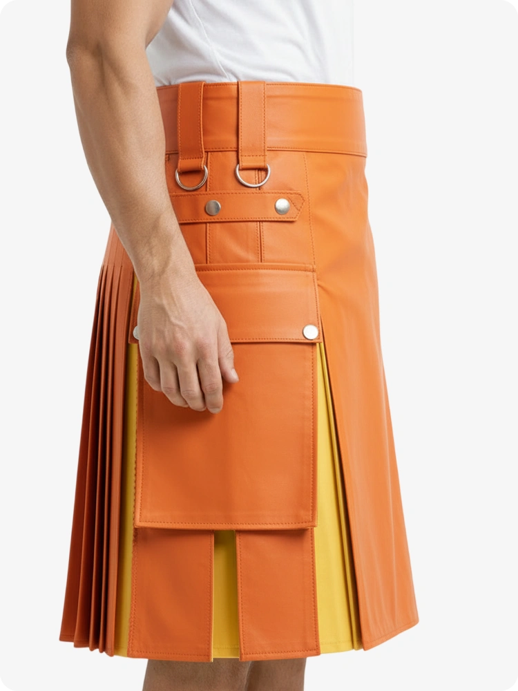 Orange & Gelb Leder Utility Kilt mit Cargotaschen