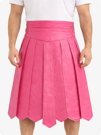 Person wearing a pink pleated skirt on a white background