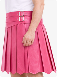 Pink pleated skirt with a belt on a white background
