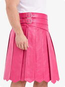 Pink leather skirt with a belt on a white background