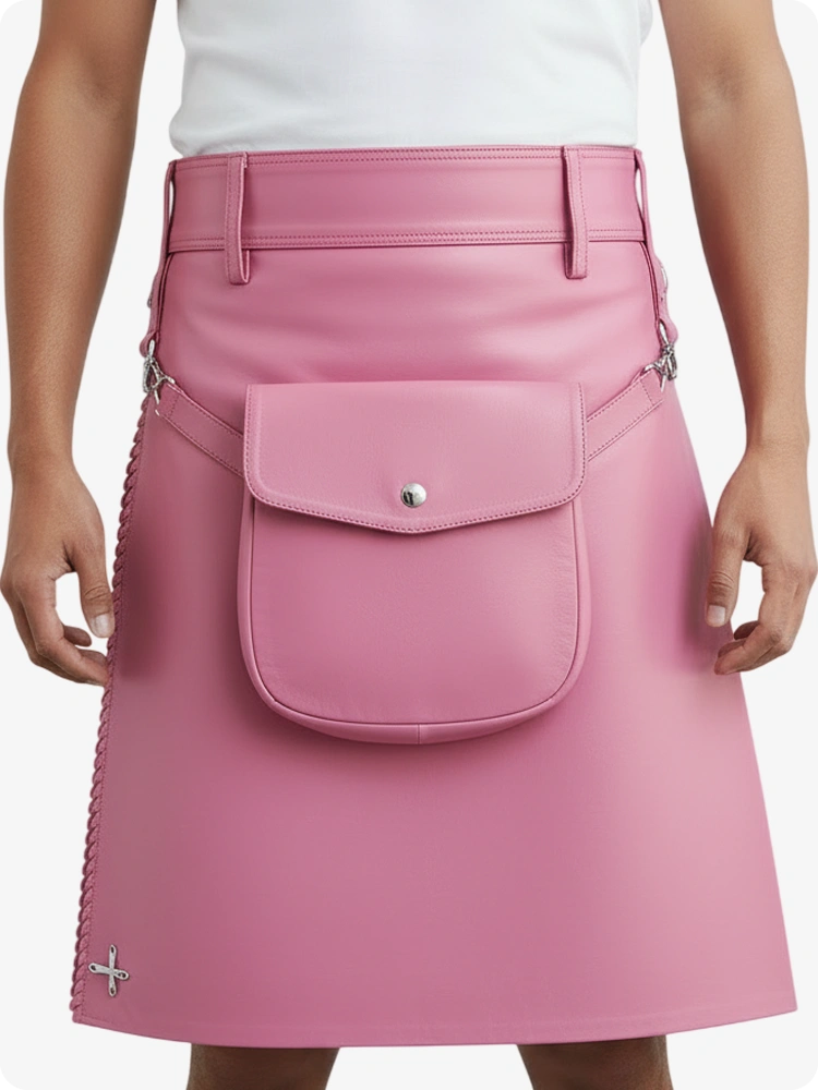 Rosa Leder Faltenkilt mit Gürtelschlaufen & Seitenriemen