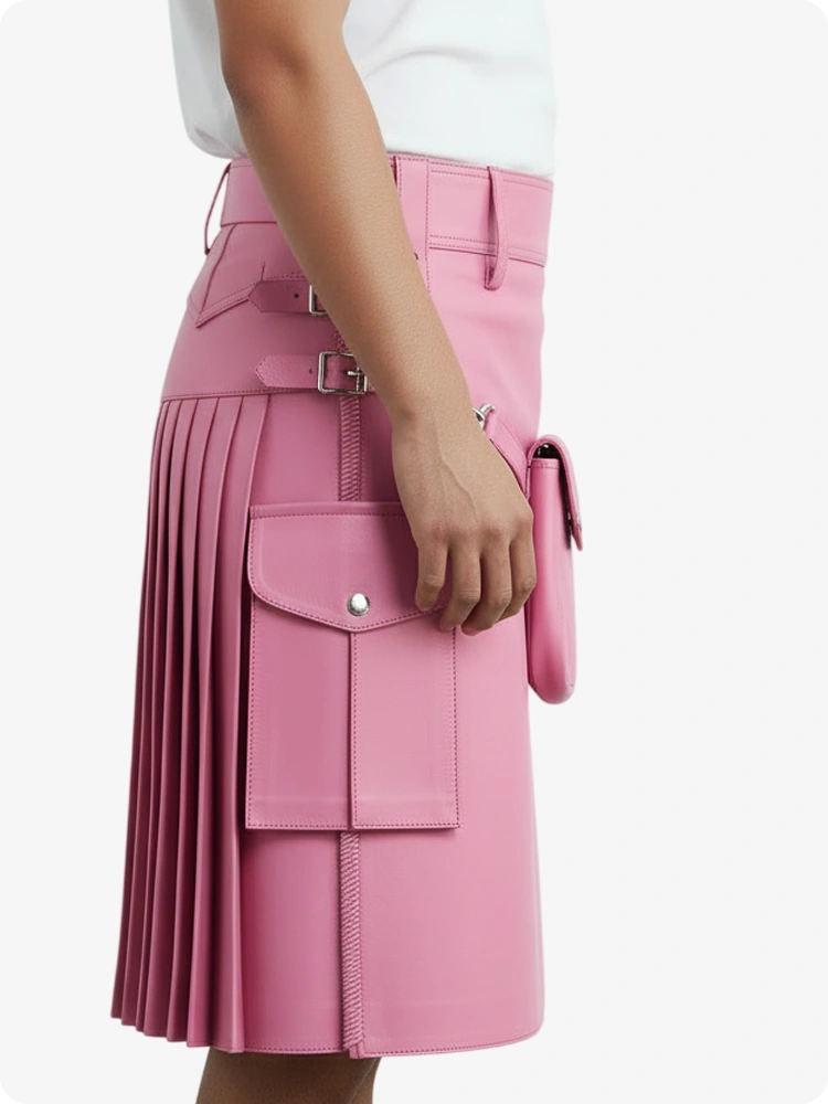 Rosa Leder Faltenkilt mit Gürtelschlaufen & Seitenriemen