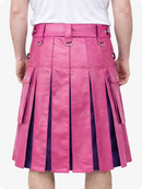 Pink pleated skirt with silver buckles on a white background