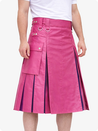 Pink Leather Utility Kilt with Purple Pleats, Side Pockets & D-Ring Hardware