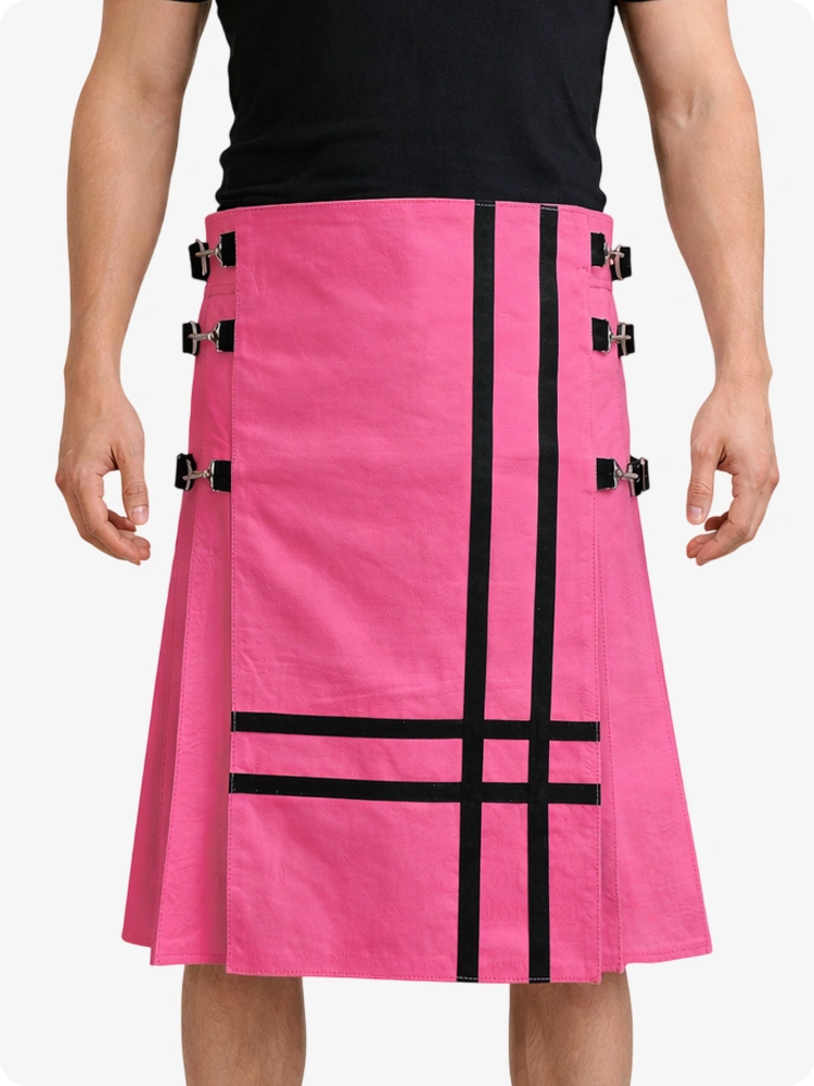 Pink Leather Utility Kilt with Side Buckles & Pleated Back