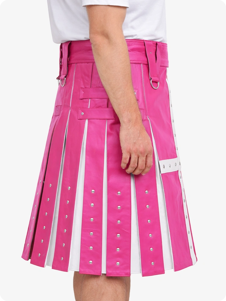 Pink Leather Utility Kilt with White Cross Panel & Metal Rivet Detailing
