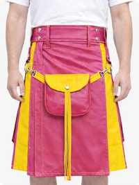 Pink Leather Utility Kilt with Yellow Accents & Detachable Pockets