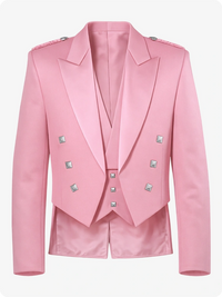 Pink suit jacket with silver buttons on a white background