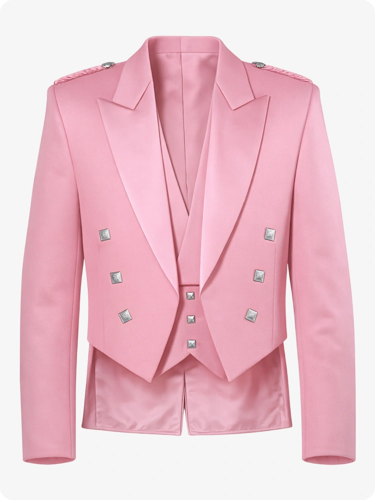 Pink Prince Charlie Kilt Jacket with Satin Lapels & Silver Square Buttons
