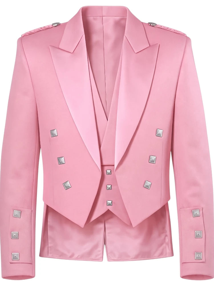 A pink double-breasted blazer with silver-tone decorative studs, shown against a plain white background.