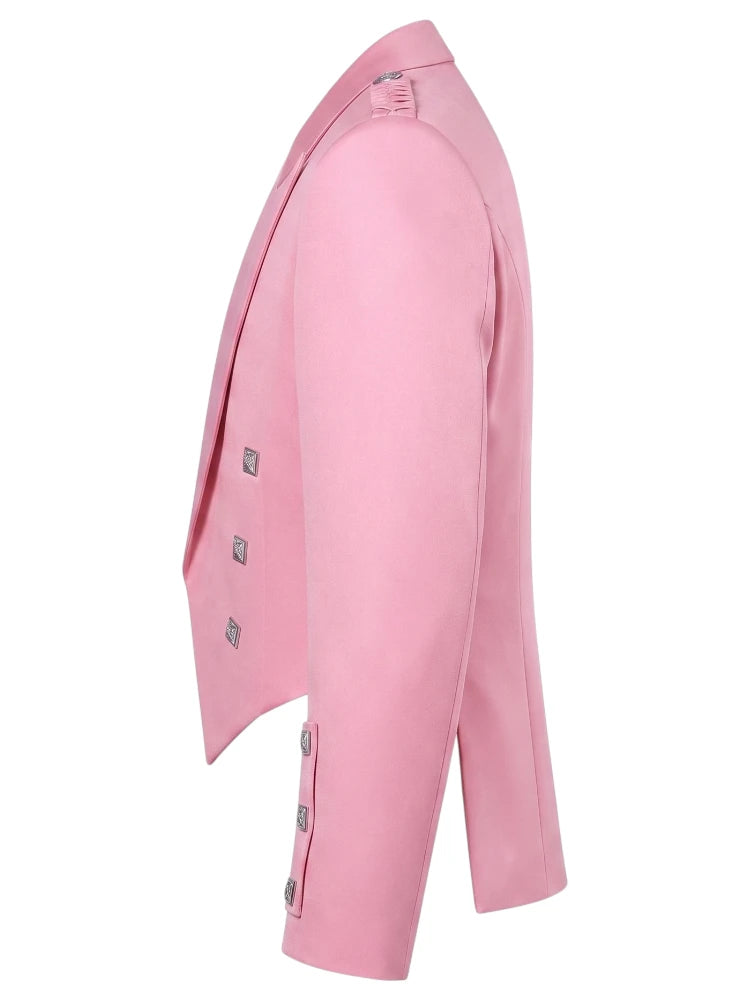 A pink double-breasted blazer shown from a side profile view against a plain white background.