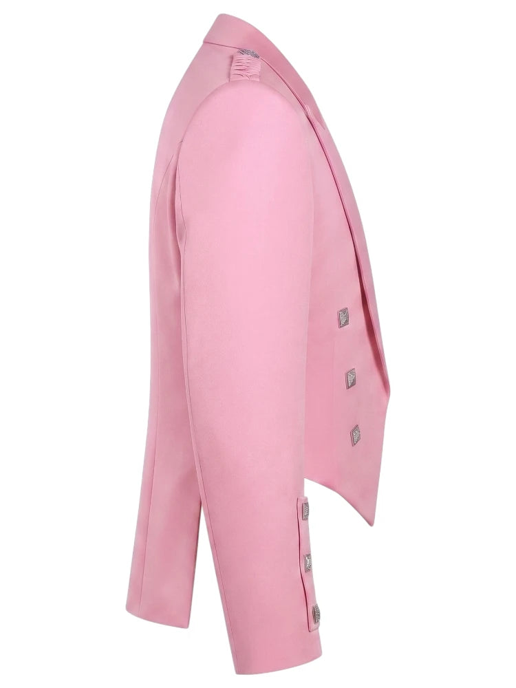 A light pink double-breasted blazer shown from a side profile view against a plain white background.