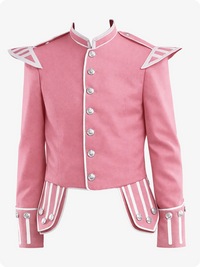 Pink military-style jacket with white accents on a white background
