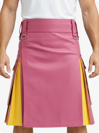 Person wearing a pink and yellow skirt on a white background