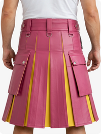 Pink and yellow pleated kilt worn by a person on a white background