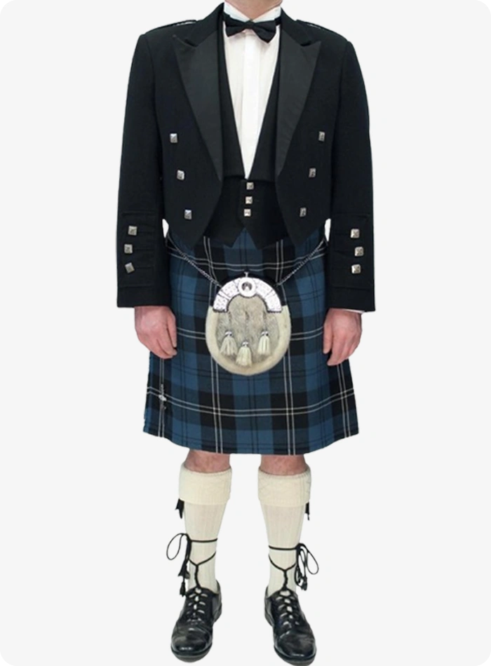 Maßgefertigtes Prince Charlie Ramsay Blue Tartan Kilt-Outfit