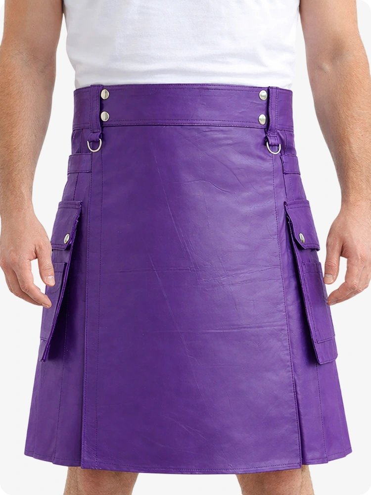 Purple Genuine Leather Utility Kilt with Cargo Pockets & D-Rings