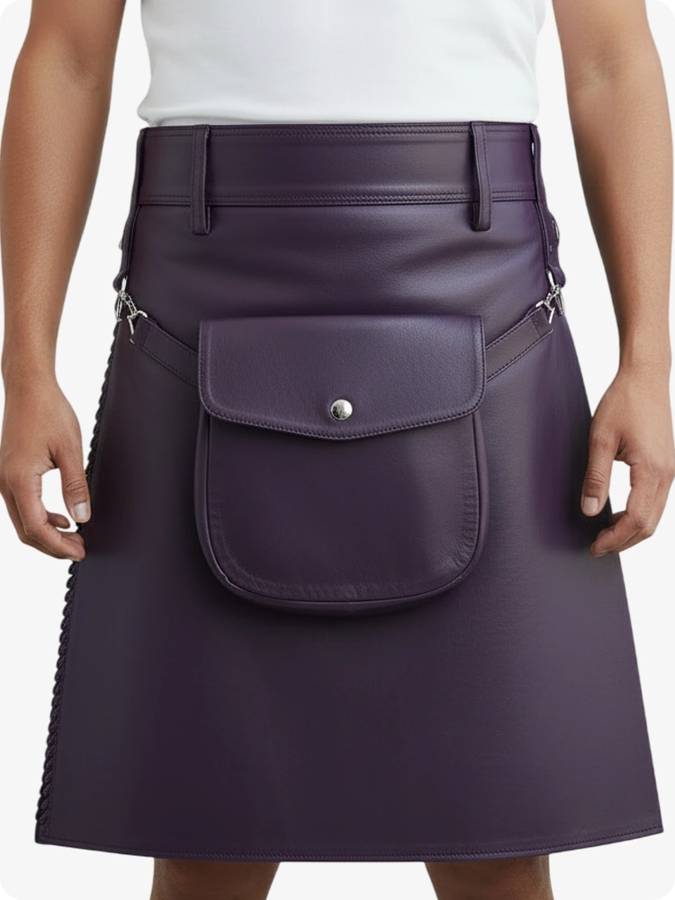 Lila Leder Faltenkilt mit Gürtelschlaufen & Seitenriemen