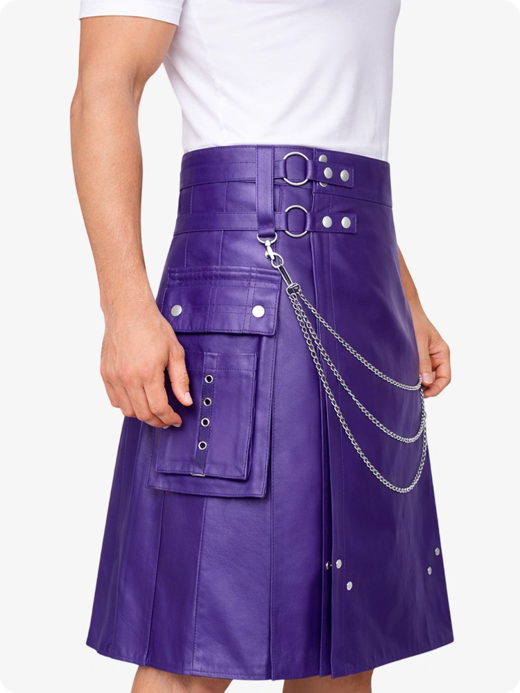 Purple Leather Utility Kilt with Chain Detailing & Adjustable Straps