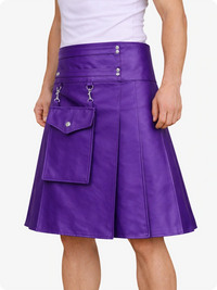 Purple leather skirt with silver buttons and hardware on a white background