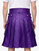 Purple pleated skirt worn by a person on a white background